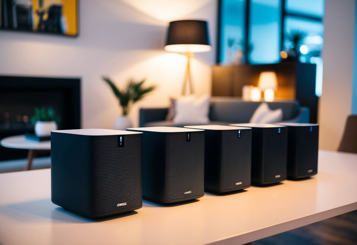 A vibrant display of Sonos speakers arranged in a modern living room setting, with soft lighting and sleek decor