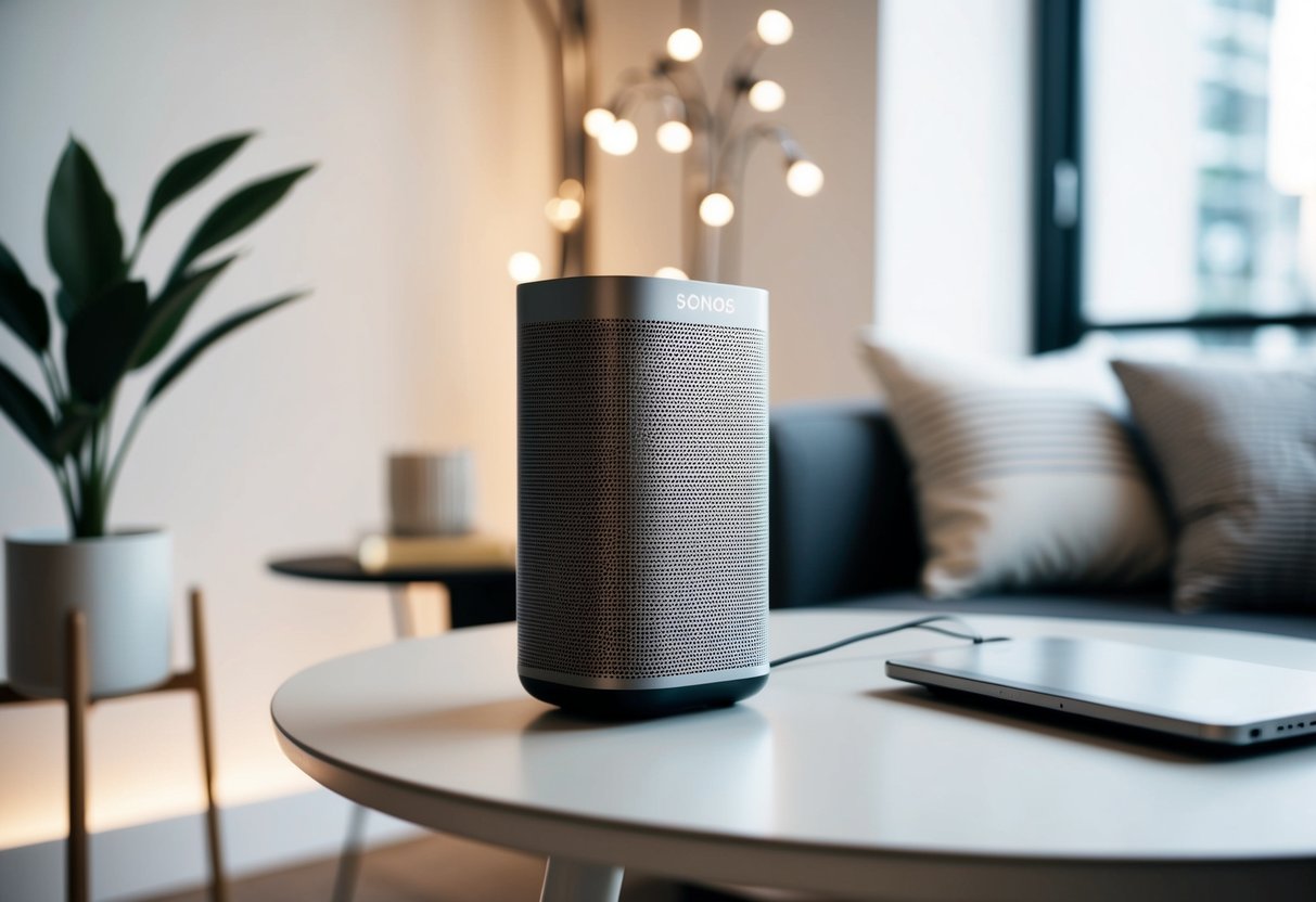 A sleek Sonos One Gen 2 speaker sits on a modern table, surrounded by soft lighting and a minimalist decor