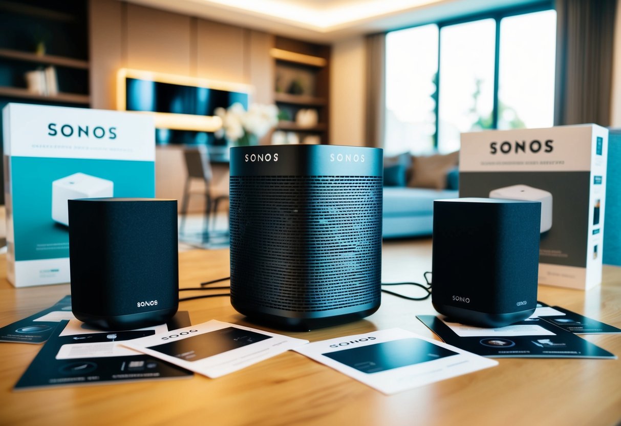 A Sonos Five speaker surrounded by promotional materials in a modern living room