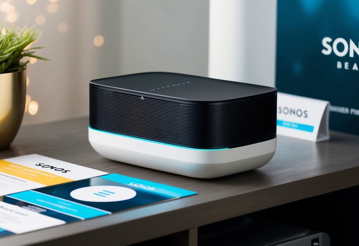 A sleek Sonos Beam Gen 2 sits on a modern entertainment console, surrounded by promotional materials and logos