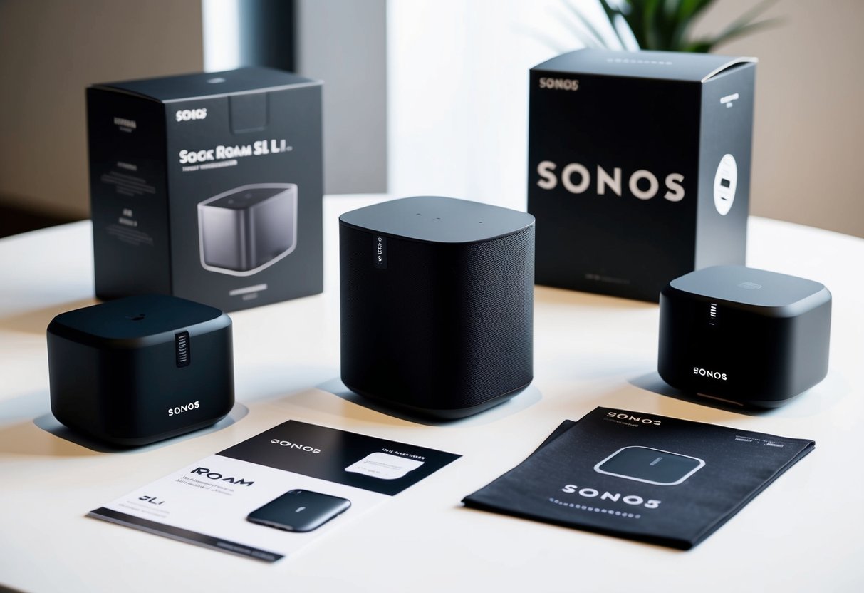A sleek Sonos Roam SL speaker surrounded by promotional materials in a modern, minimalist setting
