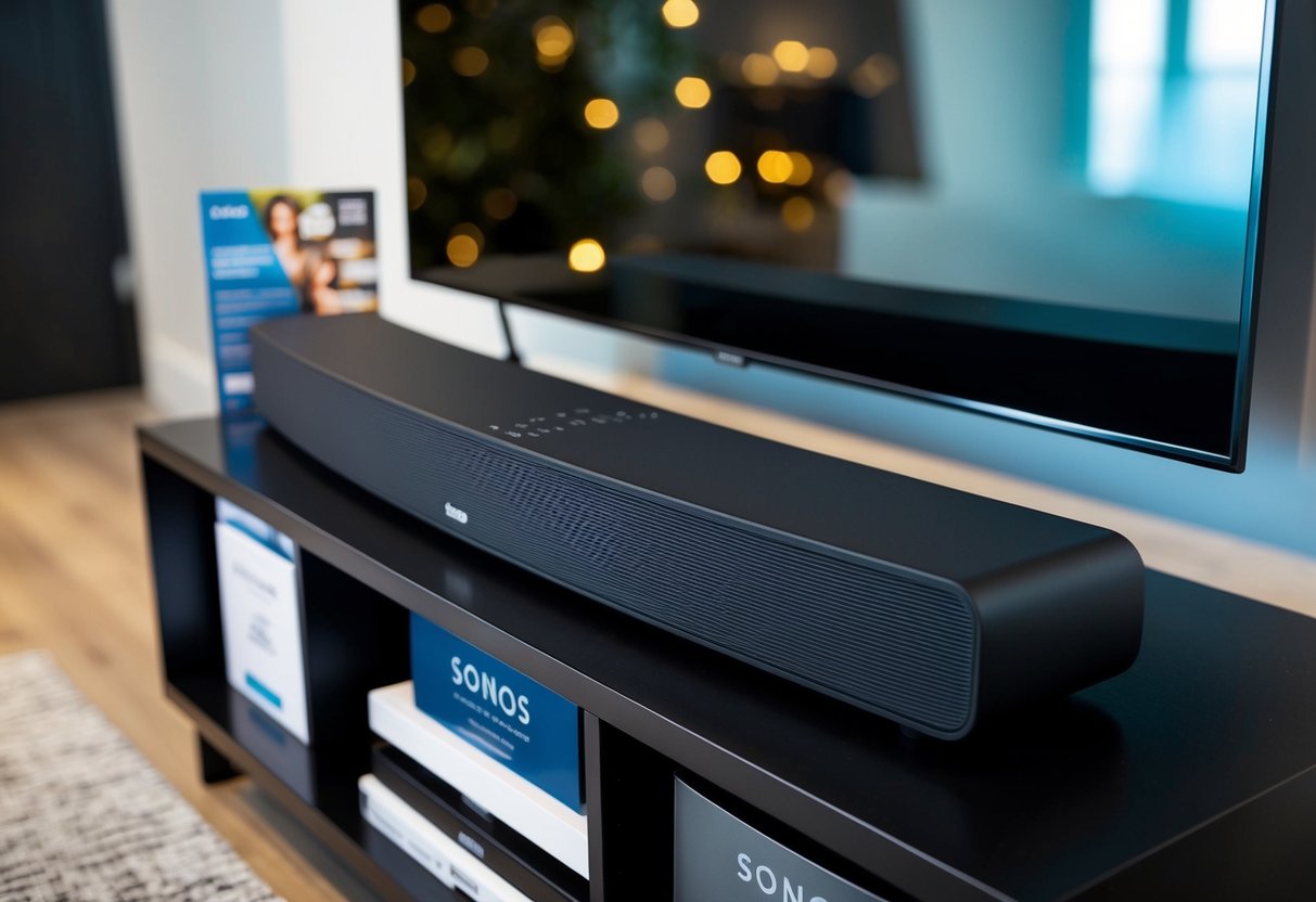 A sleek Sonos Arc soundbar sits atop a modern entertainment unit, surrounded by promotional materials and logos