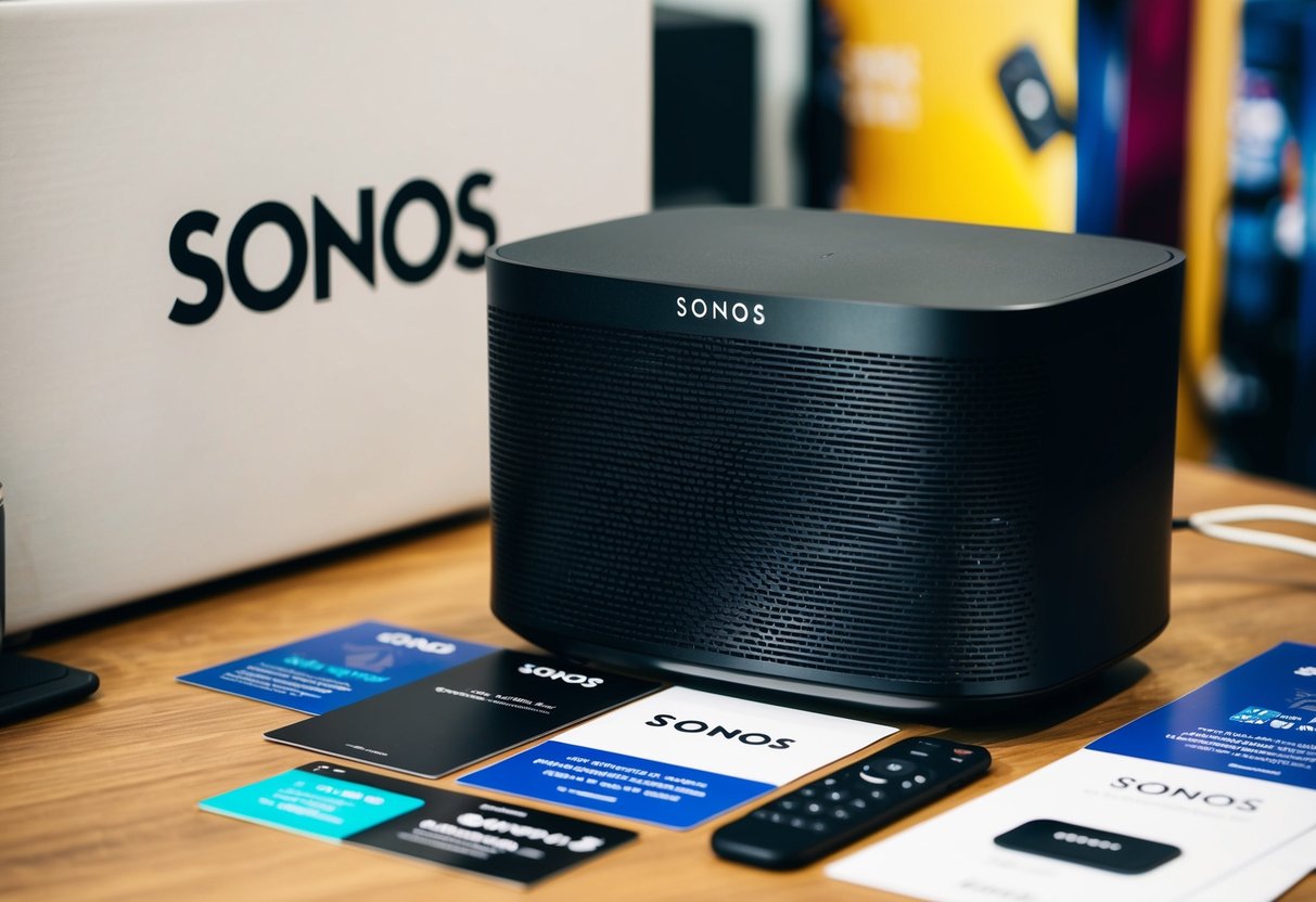 A sleek Sonos Sub sits beneath a Sonos speaker, surrounded by promotional materials