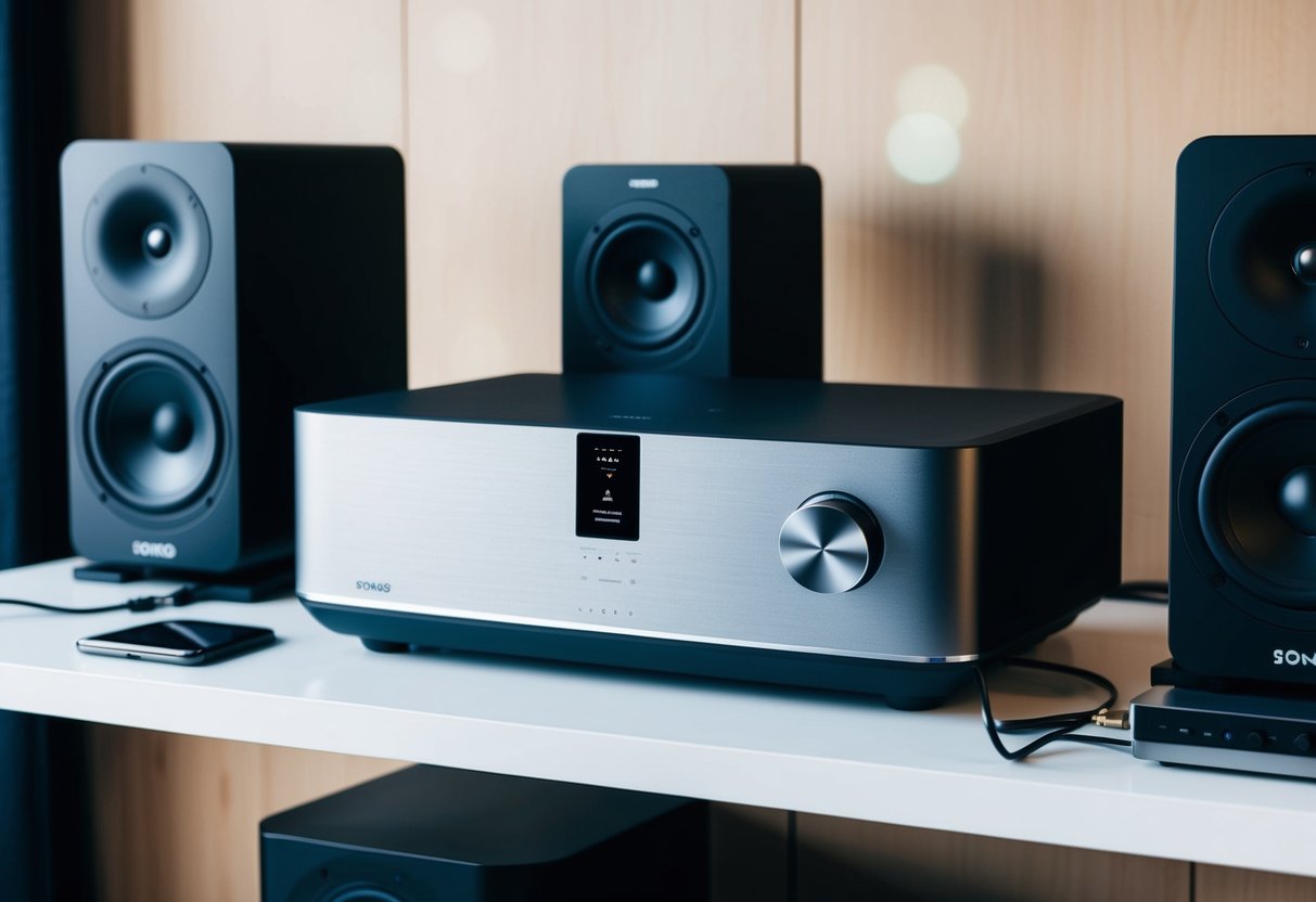 A sleek Sonos Amp sits on a modern shelf, surrounded by speakers and connected to various audio devices
