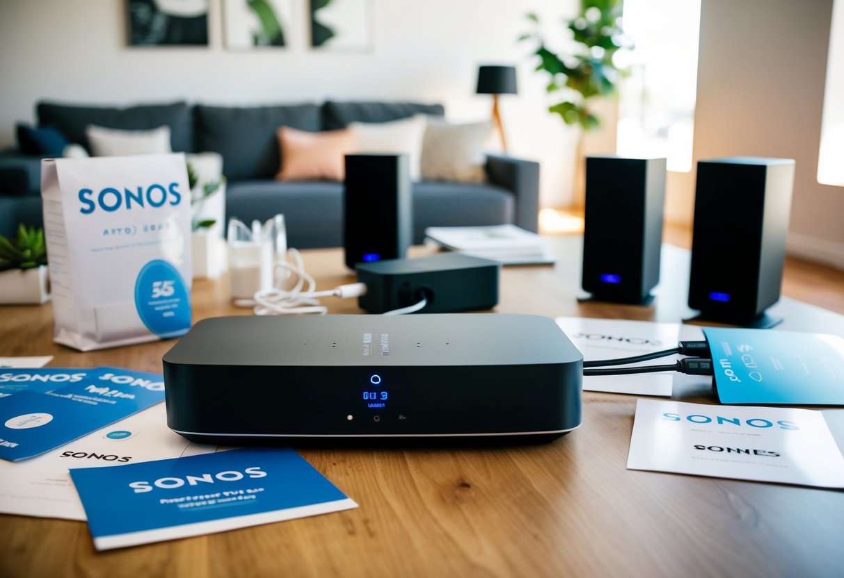 A modern living room with Sonos Port connected to speakers, surrounded by promotional materials