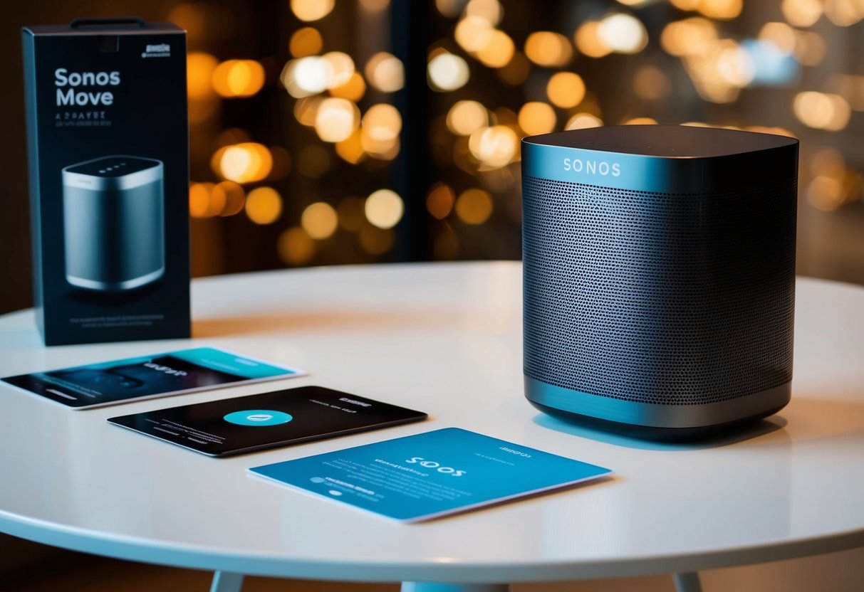 A Sonos Move speaker placed on a modern table with promotional materials nearby