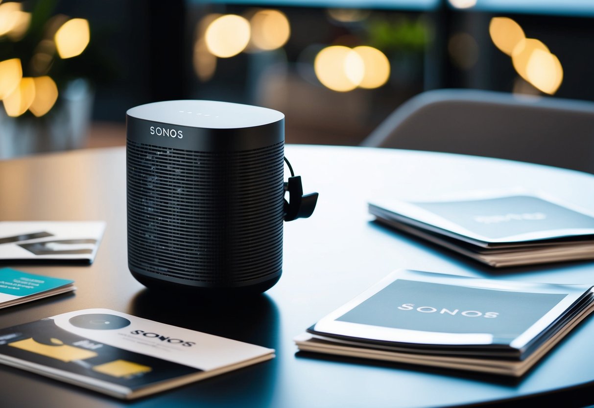 A sleek Sonos Ray speaker sits on a modern table surrounded by promotional materials