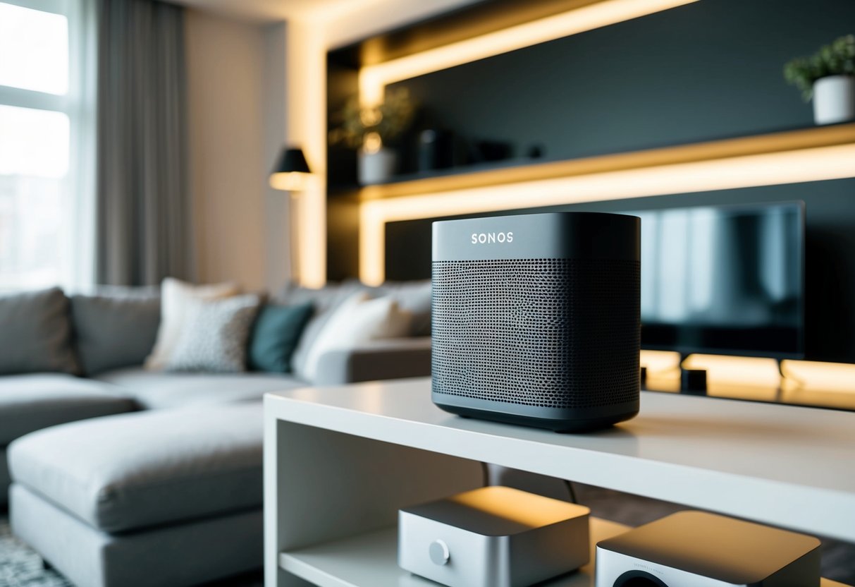 A living room with a sleek Sonos speaker on a modern shelf, surrounded by comfortable furniture and soft ambient lighting