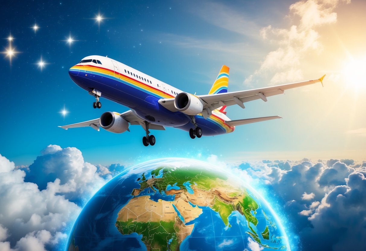 A colorful airplane flying over a globe with various destinations highlighted, surrounded by stars and clouds