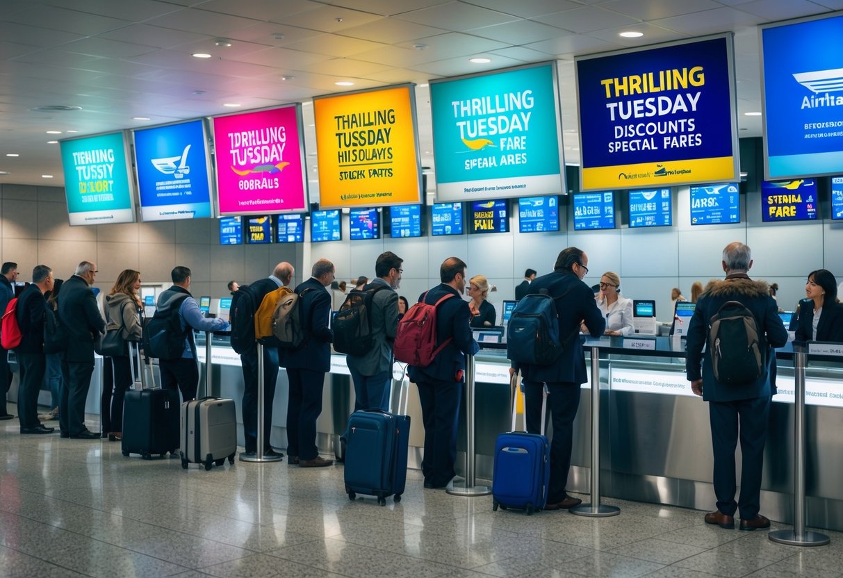 Passengers eagerly line up at the airport ticket counter, drawn by colorful signs advertising Thrilling Tuesday Discounts special fares for various airlines