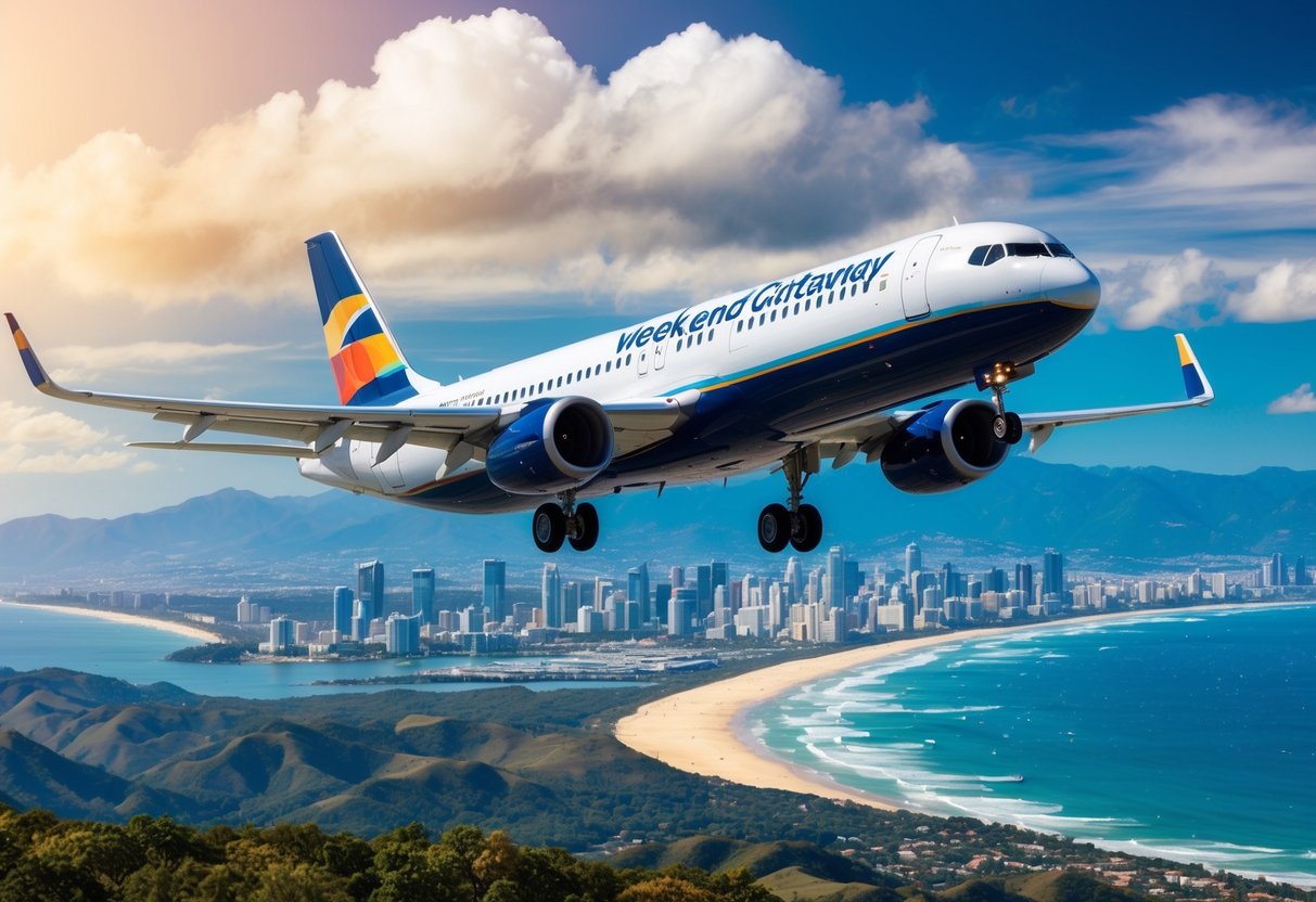 An airplane flying over a scenic landscape with mountains, beaches, and city skylines, showcasing the excitement of weekend getaway deals and special fares