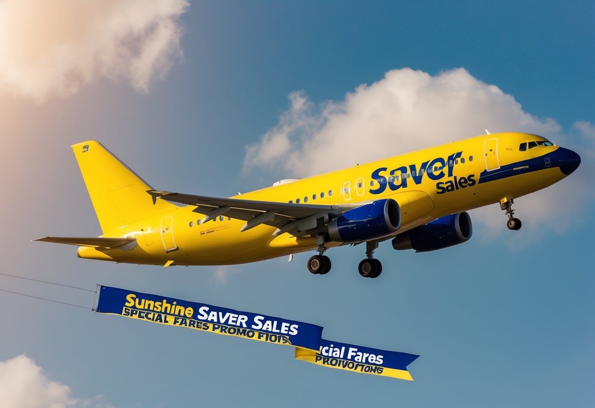 A bright yellow airplane flying through a sunny sky with a banner trailing behind advertising "Sunshine Saver Sales special fares airlines promotions"
