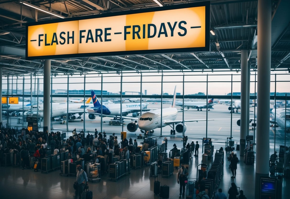 A crowded airport terminal with airplanes on the tarmac and a large "Flash Fare Fridays" promotion banner hanging overhead