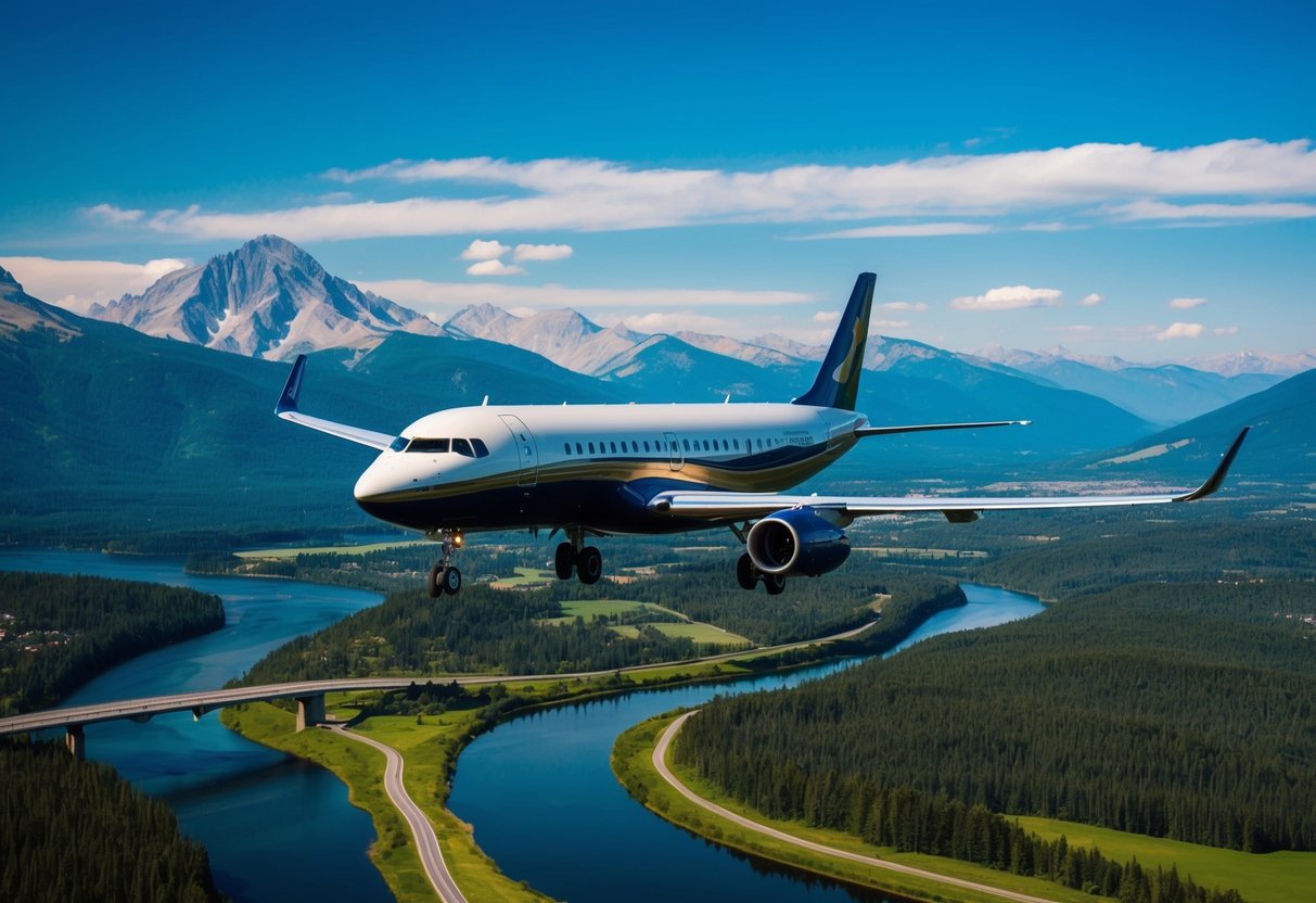 An airplane soaring over a vibrant landscape with mountains, forests, and a winding river, under a clear blue sky