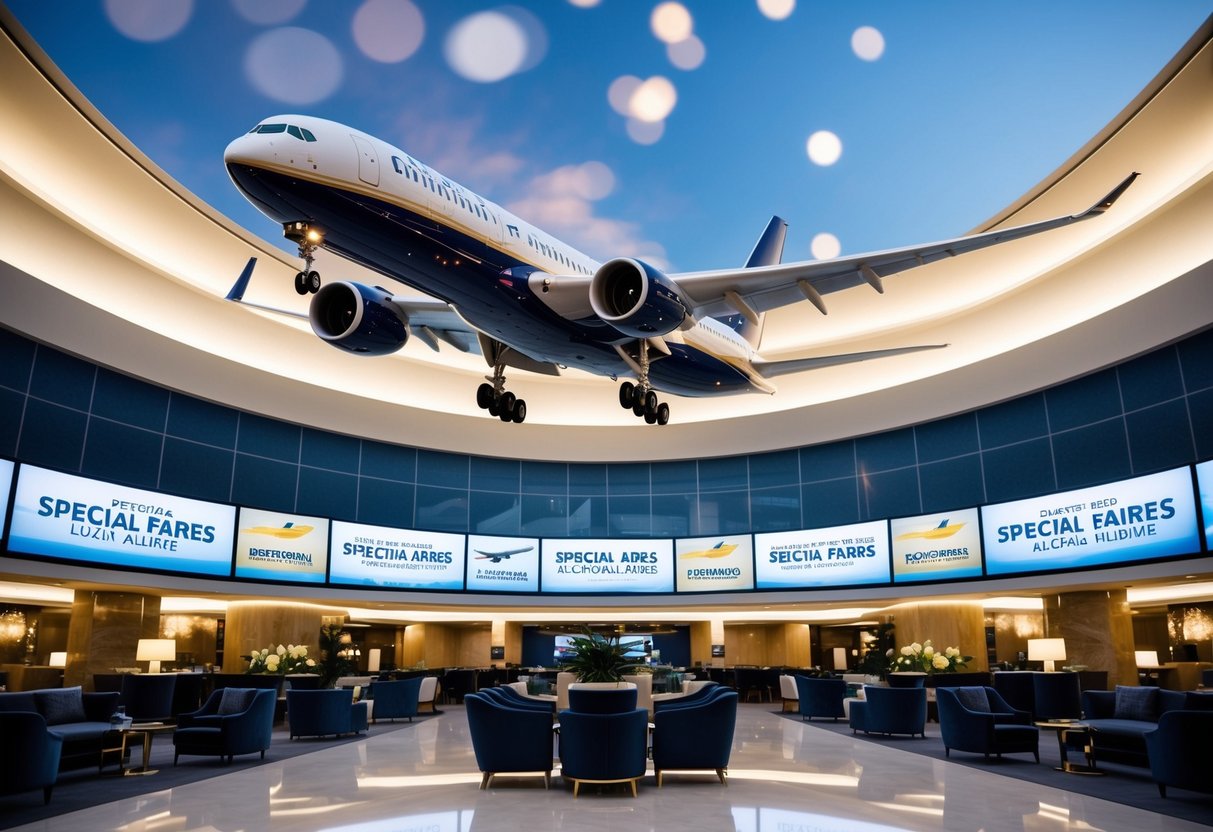 A sleek airplane soaring above a glamorous lounge with banners promoting special fares and luxury airline deals