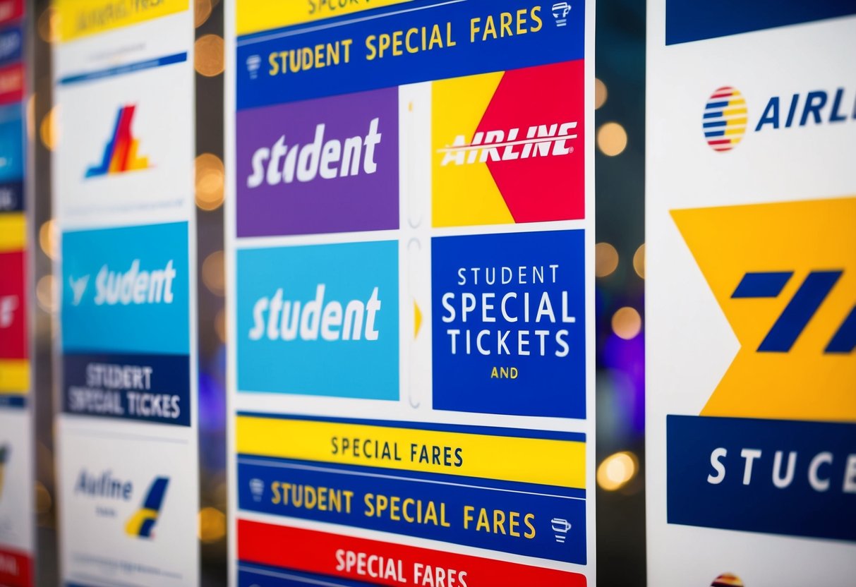 A colorful display of airline logos and promotional banners for student special tickets and special fares