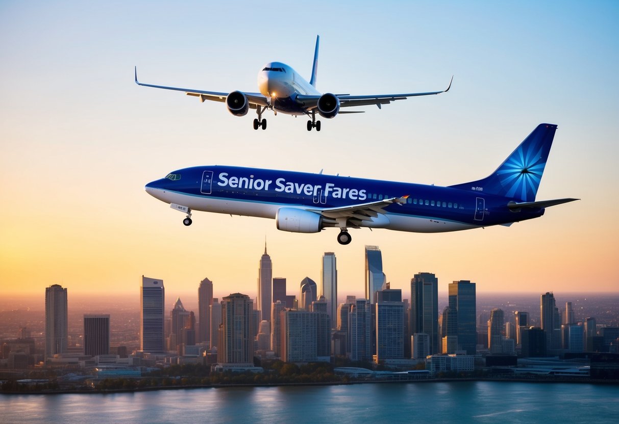 A plane flying above a city skyline with a banner advertising "Senior Saver Fares" promotions