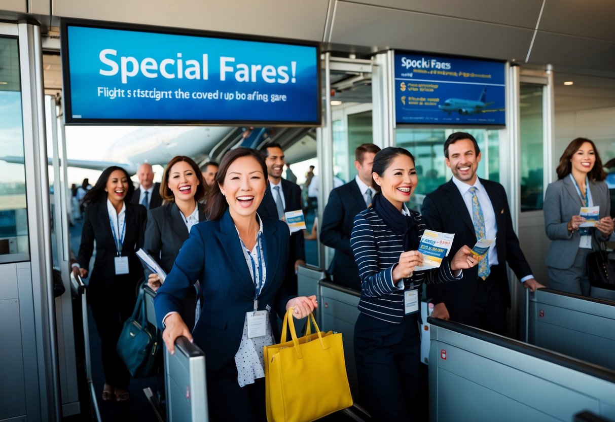 Passengers excitedly boarding a plane with a "Special Fares" banner displayed on the boarding gate. Flight attendants handing out promotional flyers