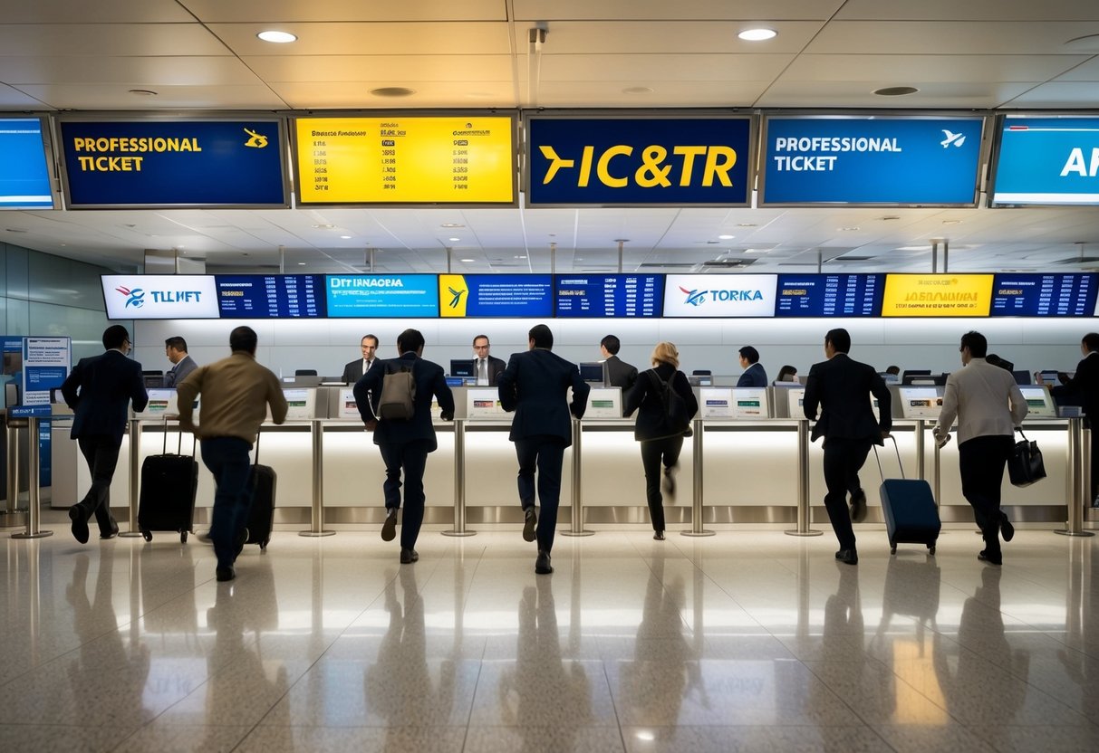 Passengers rushing towards a brightly lit airline ticket counter with promotional banners and signs displayed overhead