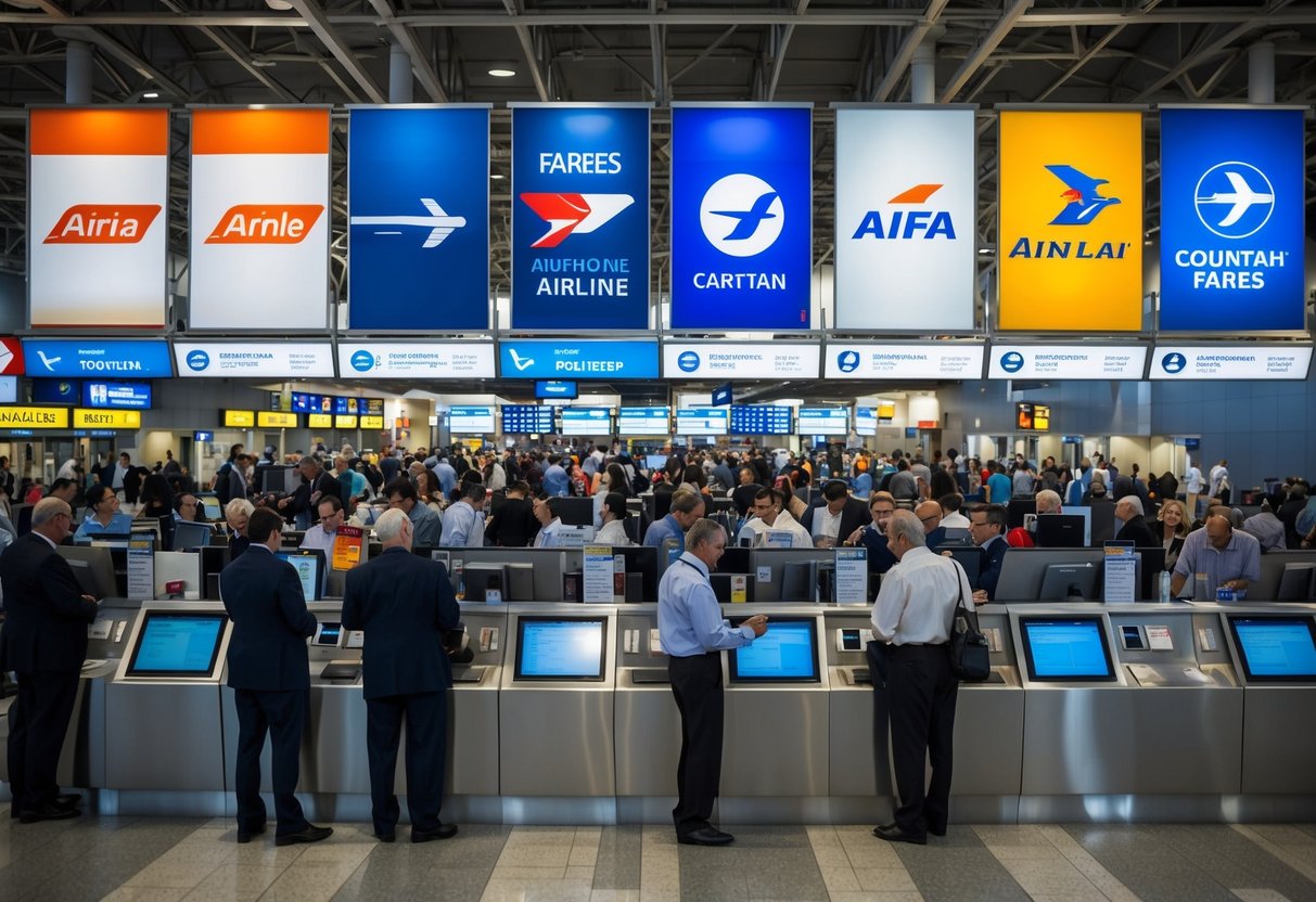 A crowded airport terminal with various airline logos and promotional banners displayed above ticket counters. Customers inquire about special fares and promotions at the information desk
