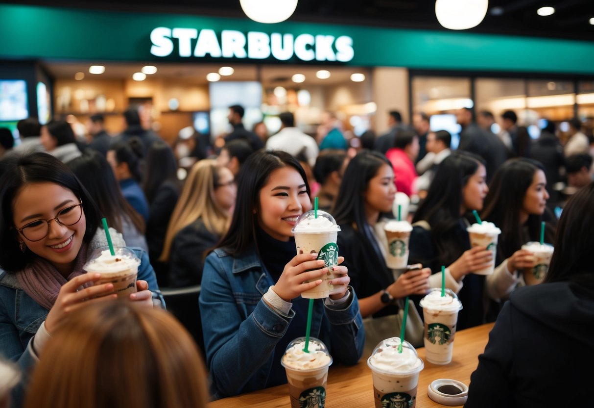 A crowded Starbucks with people enjoying Frappuccinos at half price
