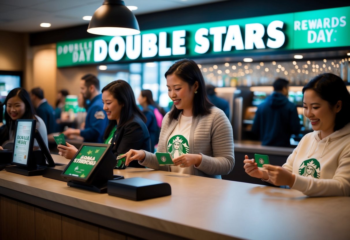 A bustling Starbucks store with a prominent "Double Stars Day" promotional display, customers eagerly scanning their rewards cards at the counter