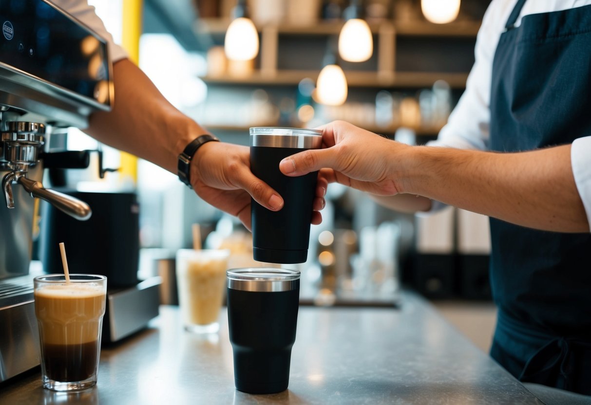 A barista handing a tumbler to a customer, with a drink on the counter