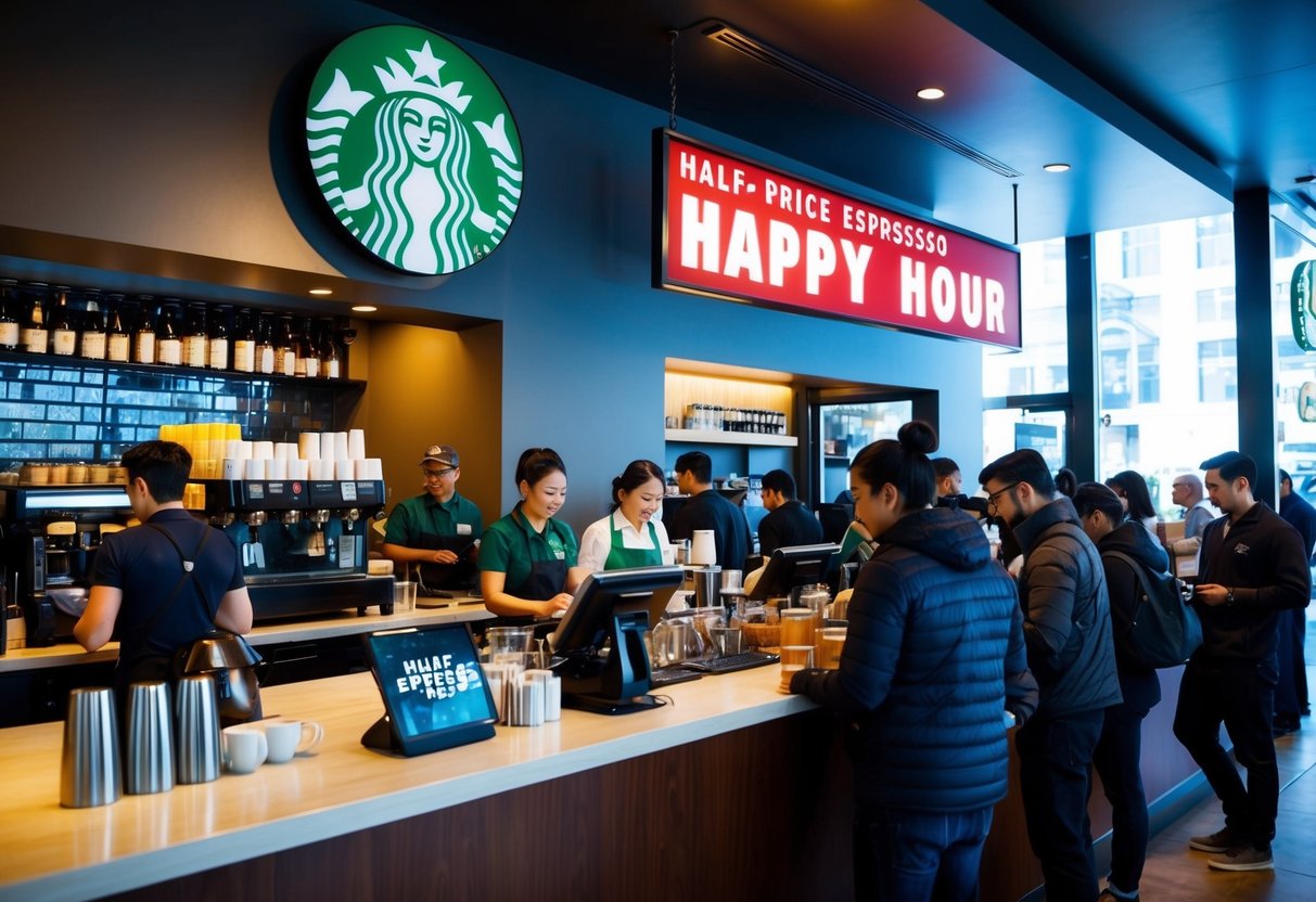 A bustling Starbucks cafe with a prominent "Half-Price Espresso Happy Hour" sign, customers lined up at the counter, and baristas busy at work