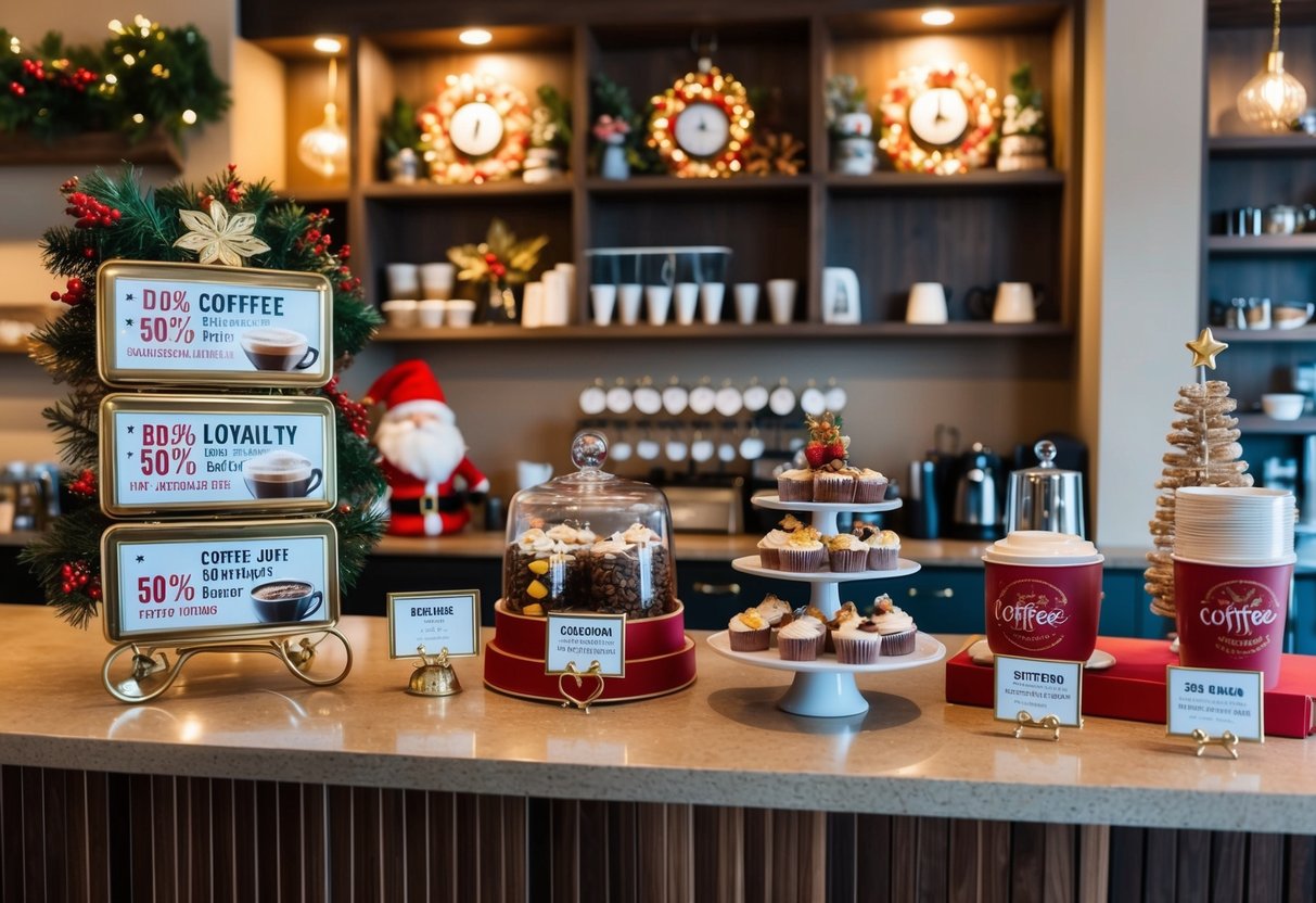 A cozy coffee shop with festive decorations and a display of seasonal treats and loyalty bonus promotions