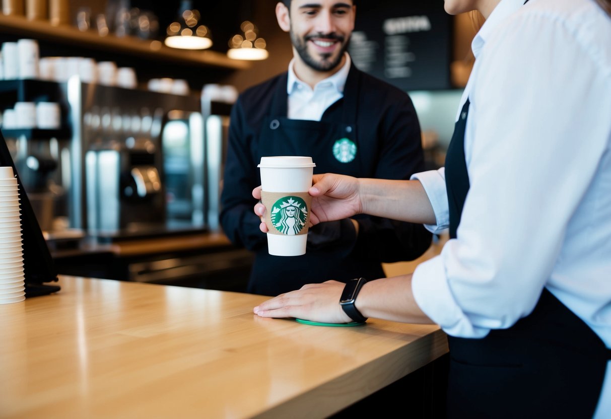 A Starbucks barista handing a limited edition reusable cup to a customer at the counter