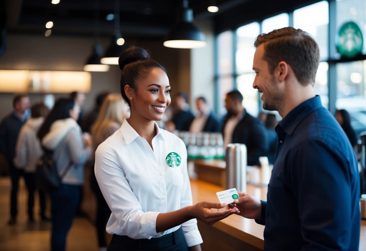 A smiling barista handing a Starbucks card to a customer, with a line of people waiting in the background