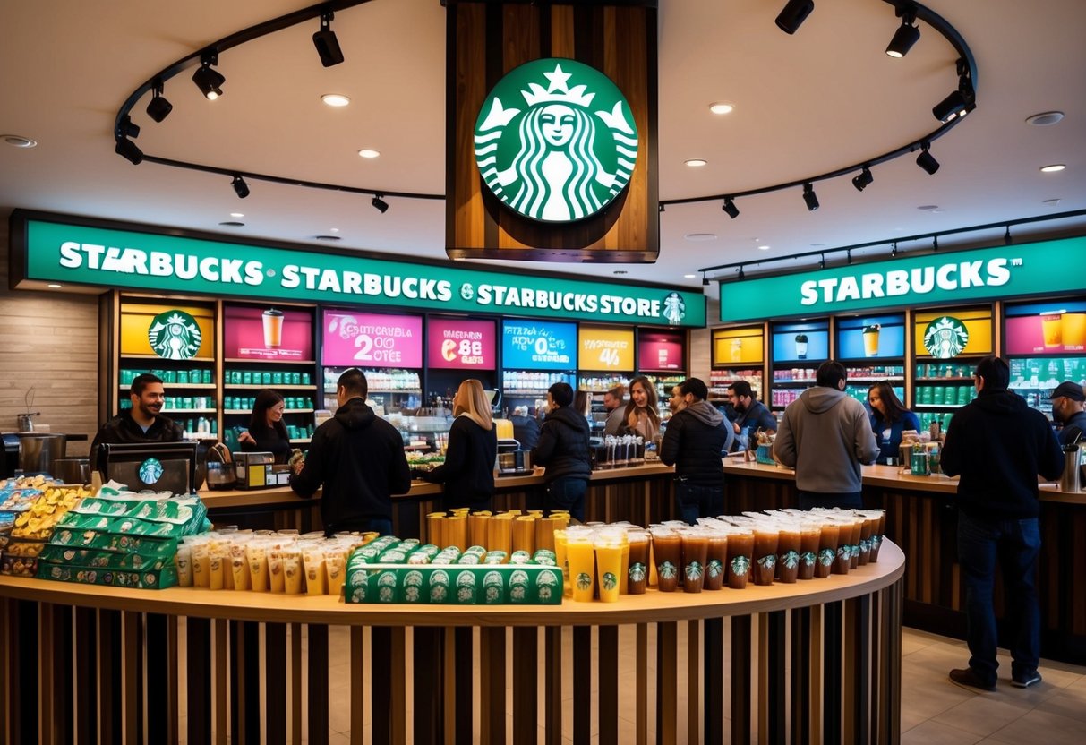 A bustling Starbucks store with colorful promotional displays and customers enjoying discounted drinks and snacks