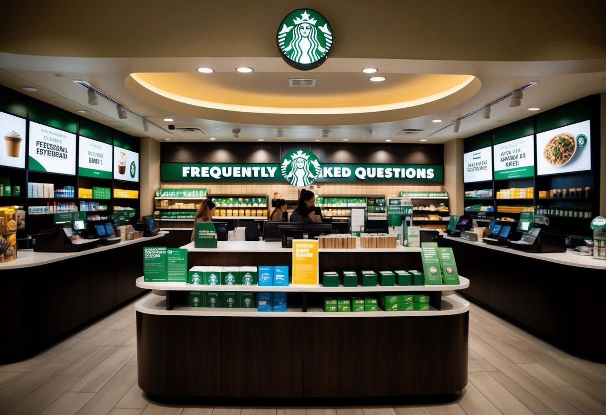 A bustling Starbucks store with a prominent "Frequently Asked Questions" section and various promotional materials on display