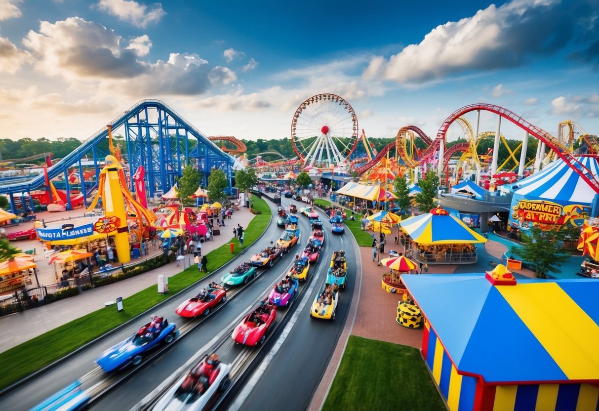 Thrilling rides and attractions fill the bustling SuperPark, with families and friends enjoying the various promotions and activities