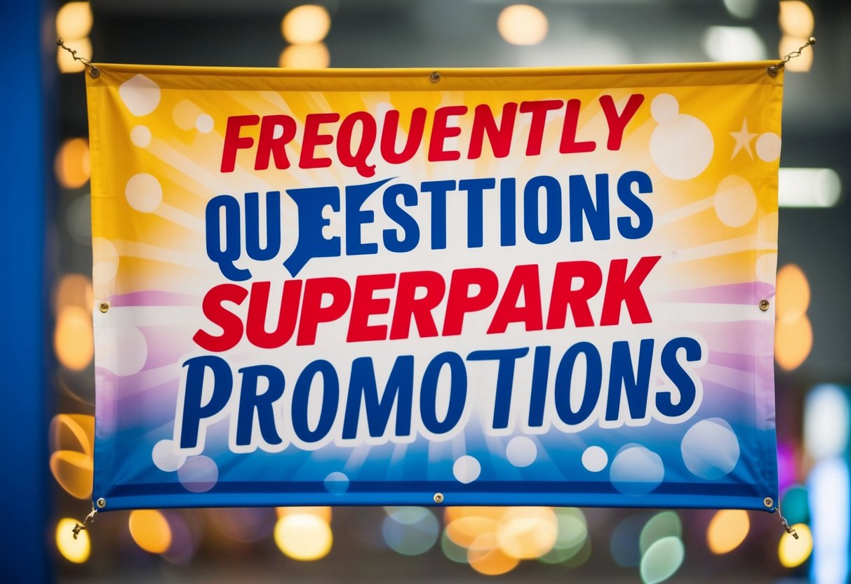 A colorful banner with the words "Frequently Asked Questions superpark promotions" displayed prominently