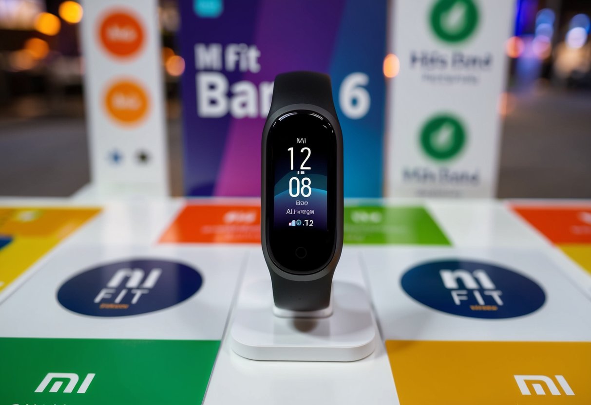 A Mi Fit Band 6 displayed with promotional materials and logos