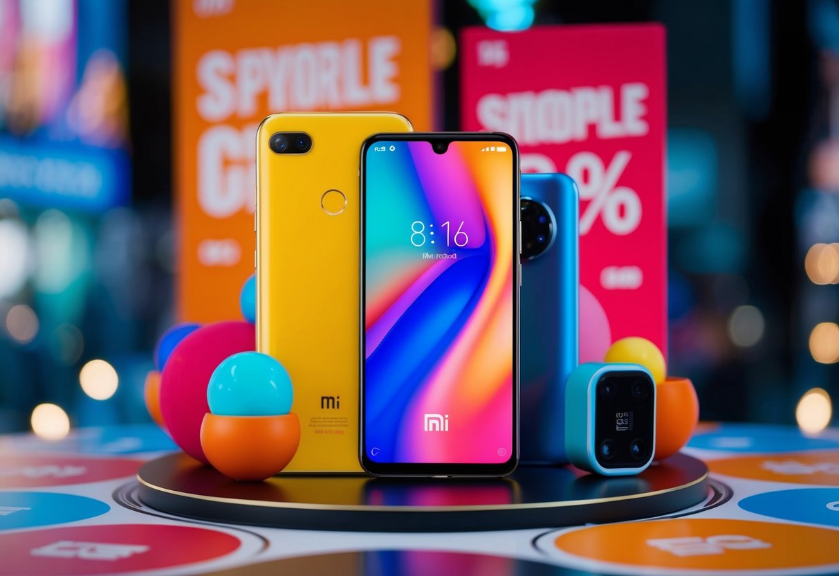 A sleek Mi 11 Lite 5G phone surrounded by vibrant promotional elements