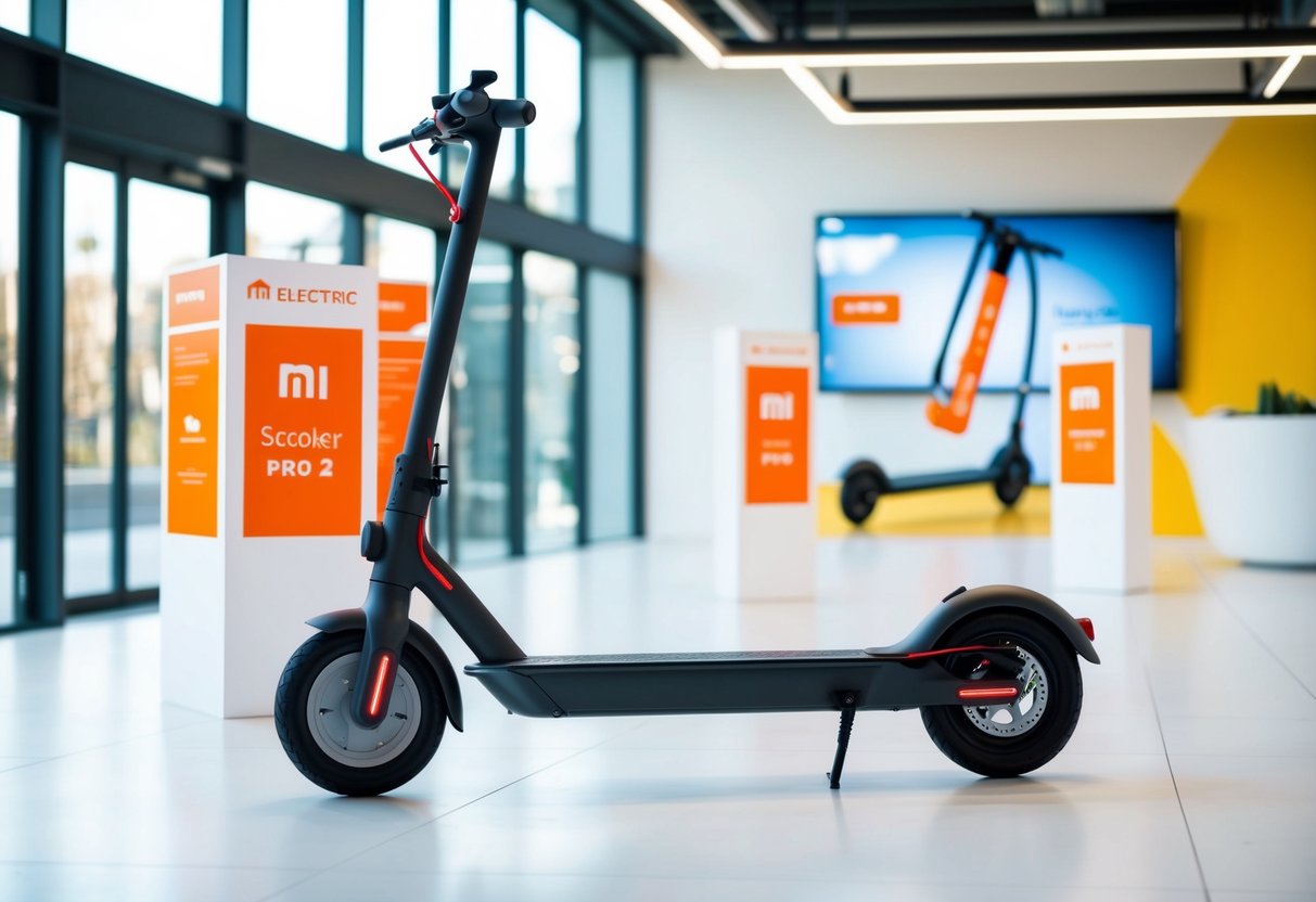 A sleek Mi Electric Scooter Pro 2 displayed with promotional materials in a bright, modern setting
