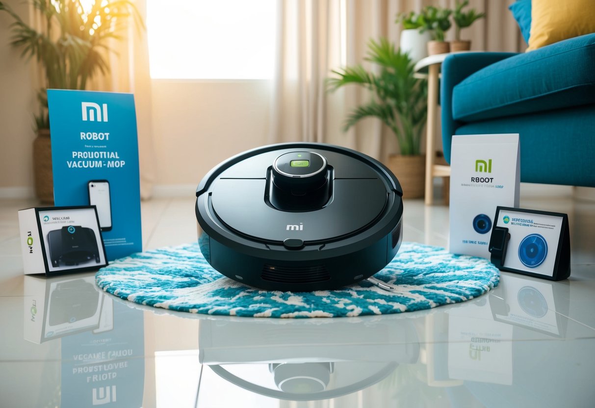 A Mi Robot Vacuum-Mop P surrounded by promotional items and a clean, shiny floor