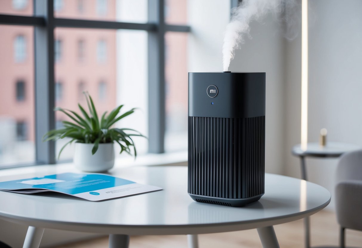 A sleek Mi Air Purifier 3C sits on a clean, modern table with promotional materials nearby