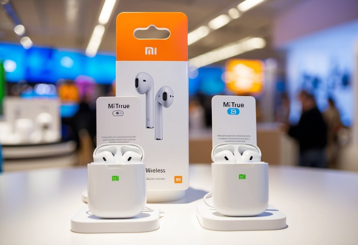 A pair of Mi True Wireless Earphones 2 Basic displayed with promotional materials in a bright, modern retail setting