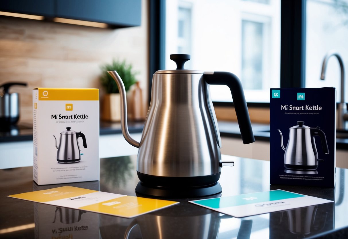 A sleek, modern kettle sits on a kitchen counter, surrounded by promotional materials for Mi Smart Kettle
