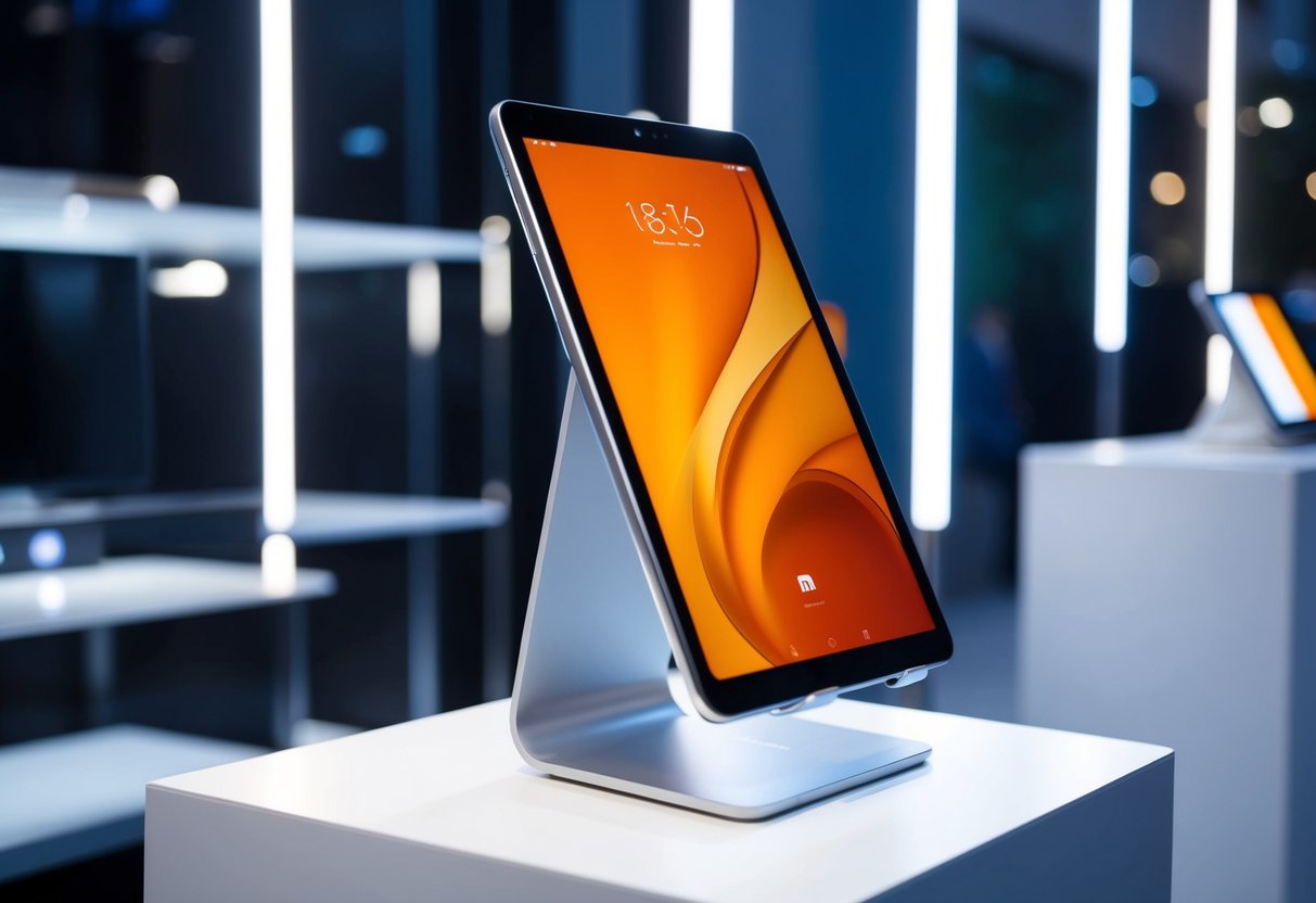A Xiaomi Pad 5 displayed on a sleek, modern promotional stand with bright, eye-catching lighting