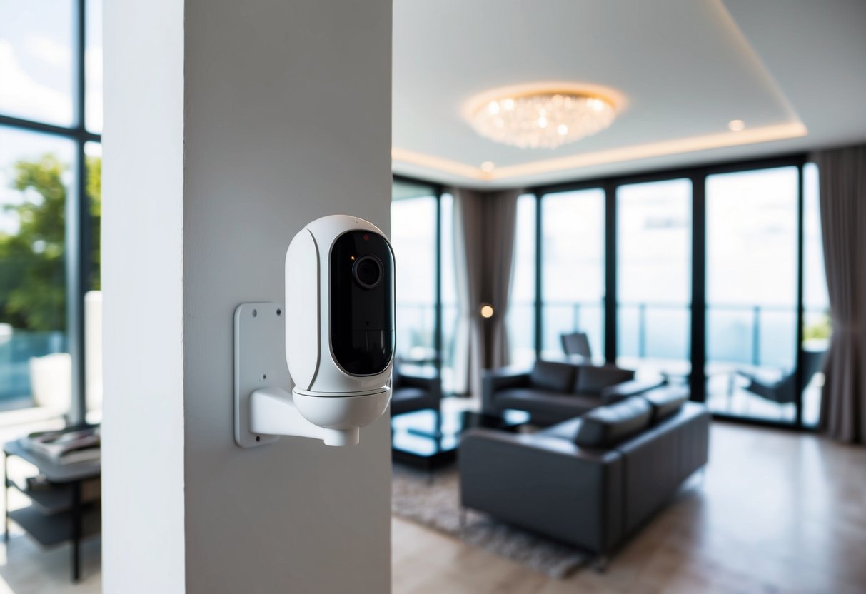 A 360° Home Security Camera mounted on a wall, overlooking a modern living room with sleek furniture and large windows