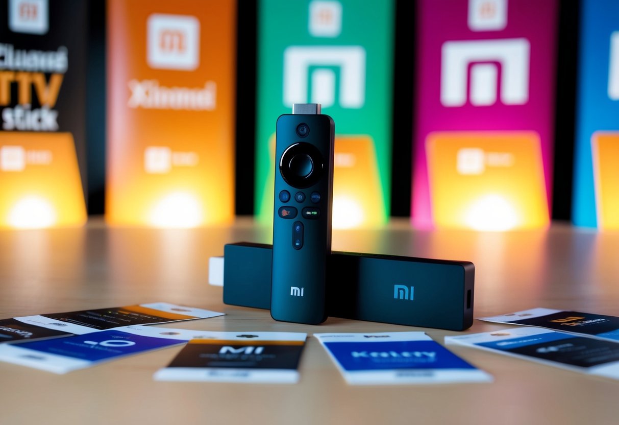 A Xiaomi Mi TV Stick surrounded by promotional banners and logos