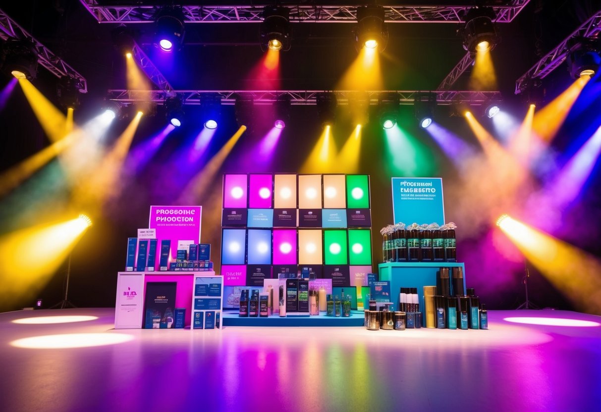A vibrant stage with colorful spotlights shining on promotional materials and products arranged in an eye-catching display