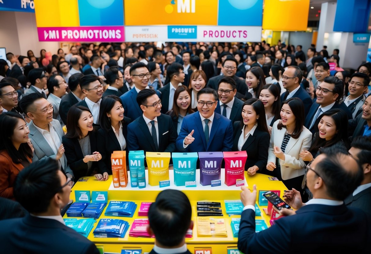 A crowd gathers around a vibrant display of Mi Promotions products, with colorful banners and excited customers