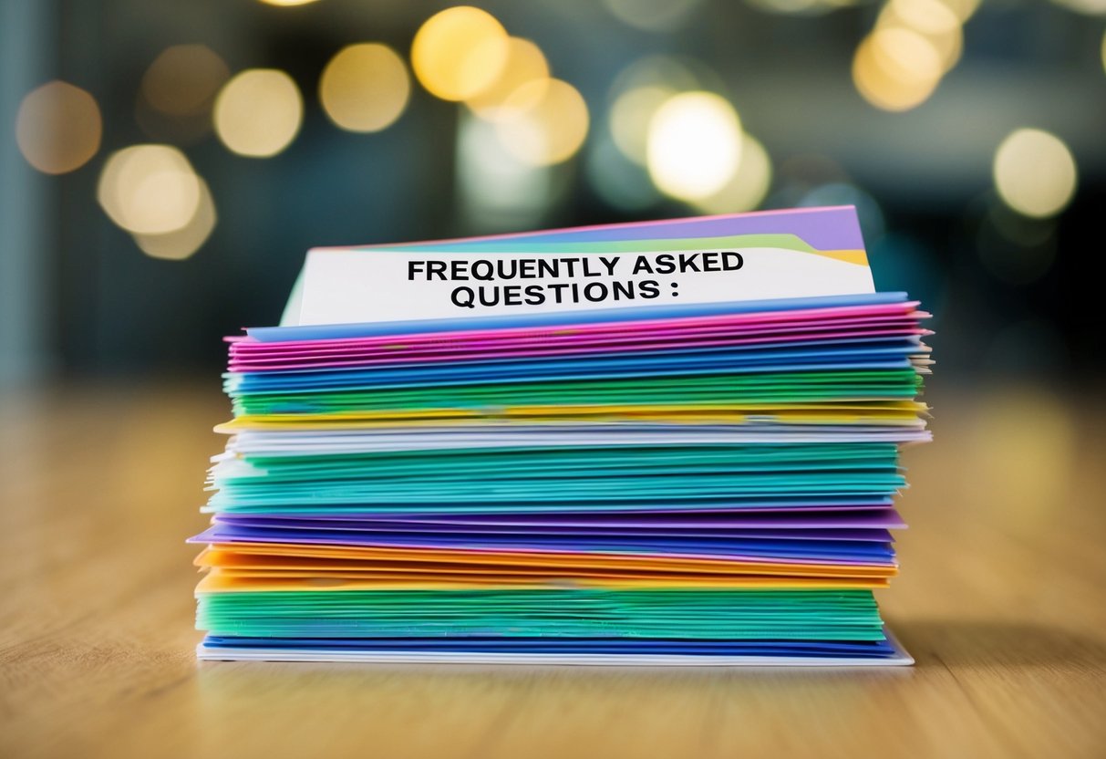 A stack of colorful promotional flyers with a "Frequently Asked Questions" heading