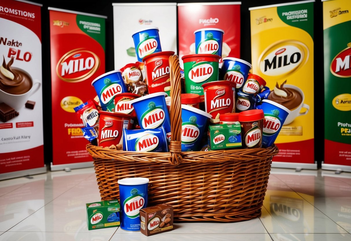 A hamper overflowing with Milo products, surrounded by promotional banners and signs