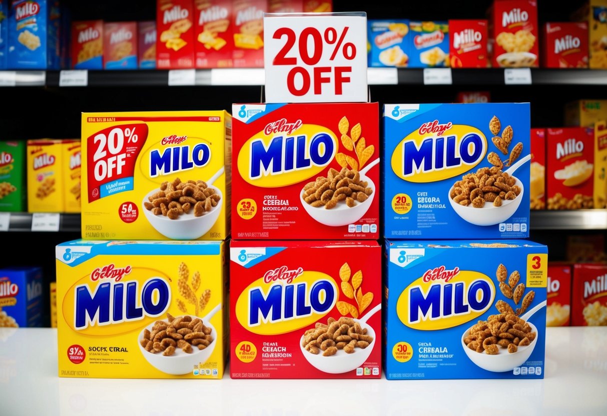 A colorful display of Milo cereal boxes with a prominent "20% Off" sign